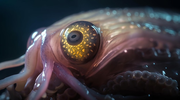 Un primo piano dell'occhio di un pesce con gli occhi gialli