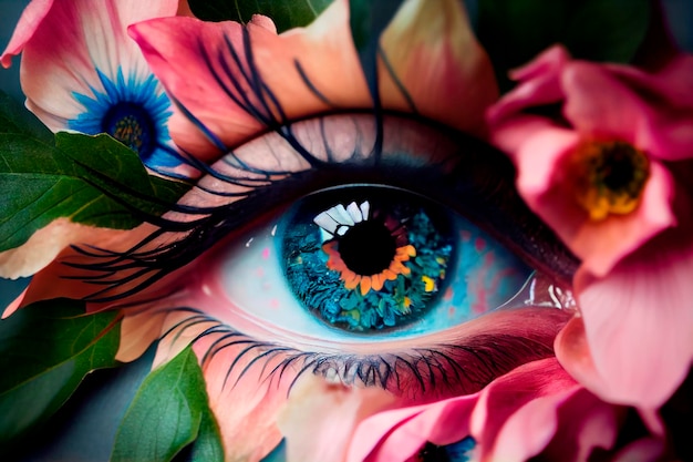 Un primo piano dell'occhio di una persona con fiori e foglie intorno ad esso