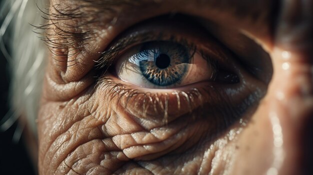 Un primo piano dell'occhio invecchiato rugoso di un individuo anziano Generativo Ai
