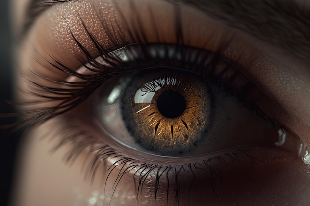 Un primo piano dell'occhio marrone di una donna in isolamento che mostra lunghe ciglia e poco trucco