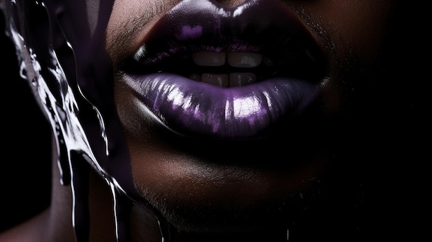 Un primo piano della bocca di una persona con rossetto viola