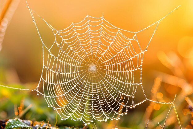 Un primo piano della delicata rete di ragno che luccica di gocce di rugiada vivaci alla luce solare