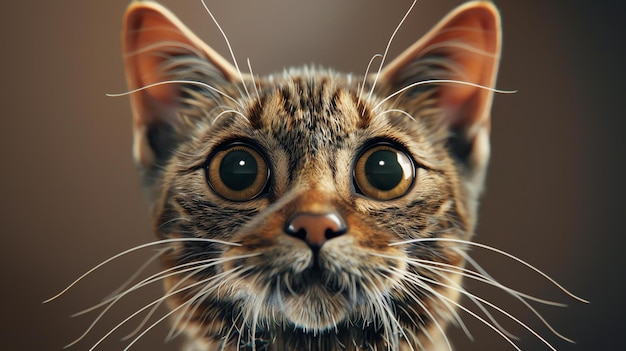 Un primo piano della faccia di un gatto Il gatto ha occhi ampi e rotondi e un'espressione curiosa sul suo viso