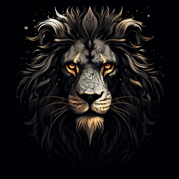 un primo piano della faccia di un leone con uno sfondo nero ai generativo