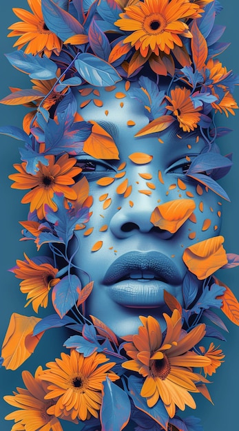 un primo piano della faccia di una donna con fiori arancioni sulla sua faccia generativa ai
