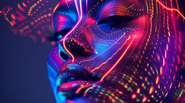 un primo piano della faccia di una donna con vernice al neon generativa ai