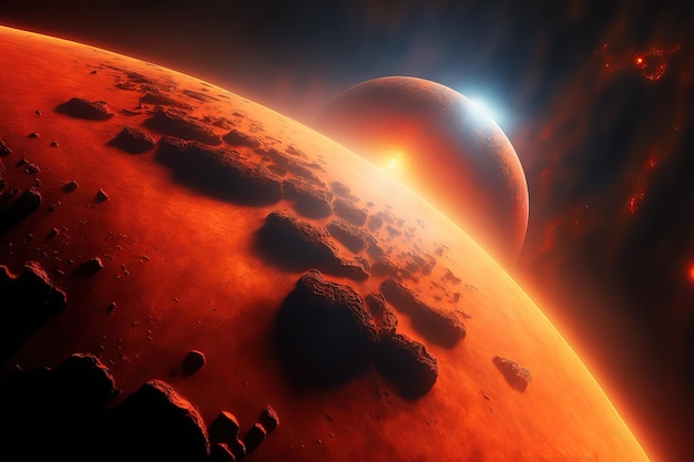 Un primo piano della luce solare di Marte che illumina un pianeta rosso