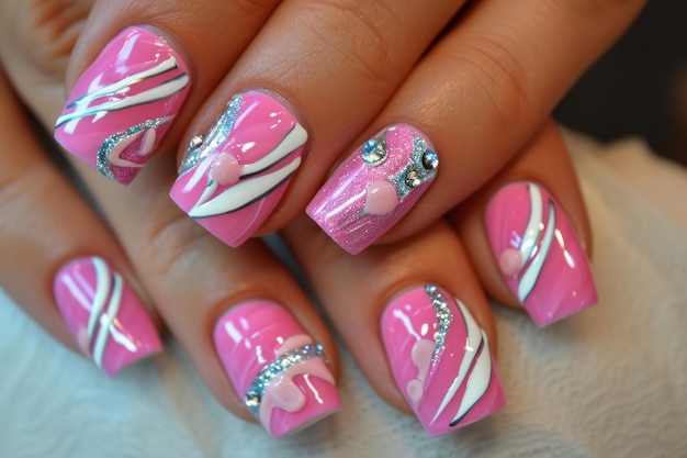 Un primo piano della mano di una donna con un'arte delle unghie rosa e bianca