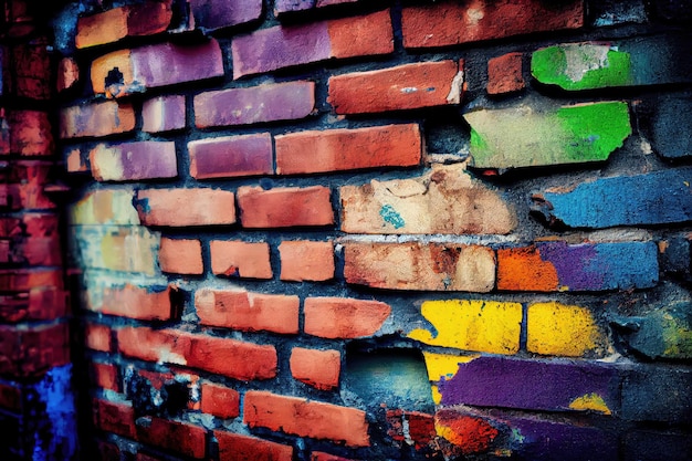 Un primo piano della struttura ruvida e dei colori vibranti di un muro di mattoni industriale