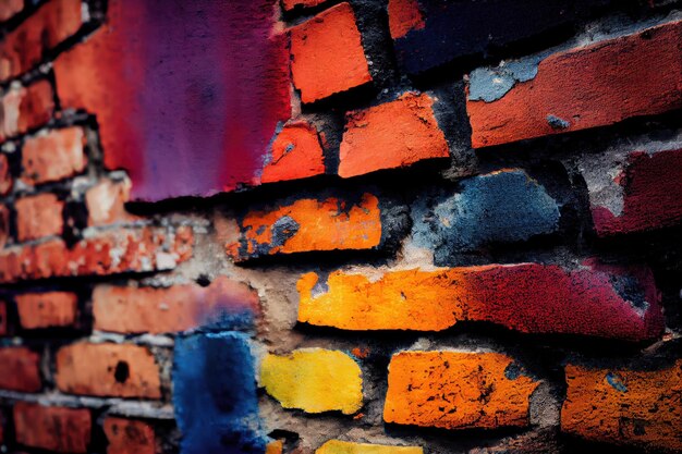 Un primo piano della struttura ruvida e dei colori vibranti di un muro di mattoni industriale