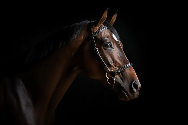 un primo piano della testa di un cavallo con uno sfondo nero