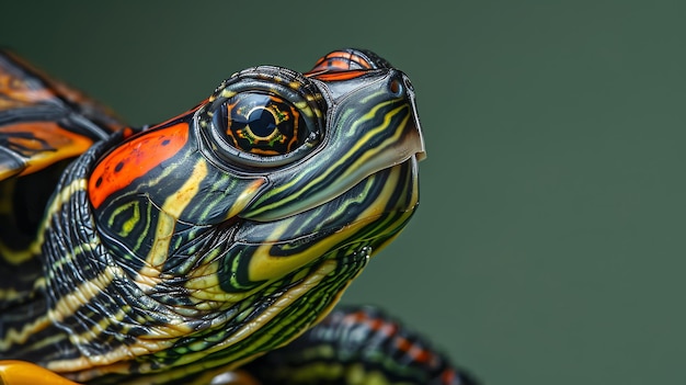 Un primo piano della testa di una tartaruga La tartaruga ha segni rosso-arancione e giallo sulla testa e sul collo