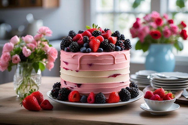 Un primo piano della torta sul tavolo della cucina invitante con l'aroma di un mirtillo appena cotto.