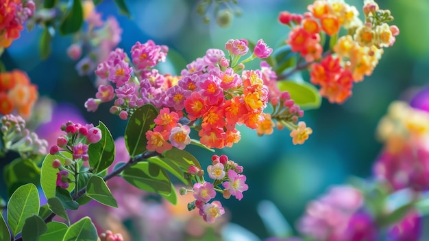 Un primo piano delle colorate mirtacee in fiore con fiori vivaci