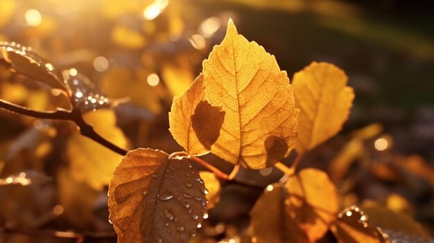 Un primo piano delle foglie d'autunno con il sole che splende su di loro