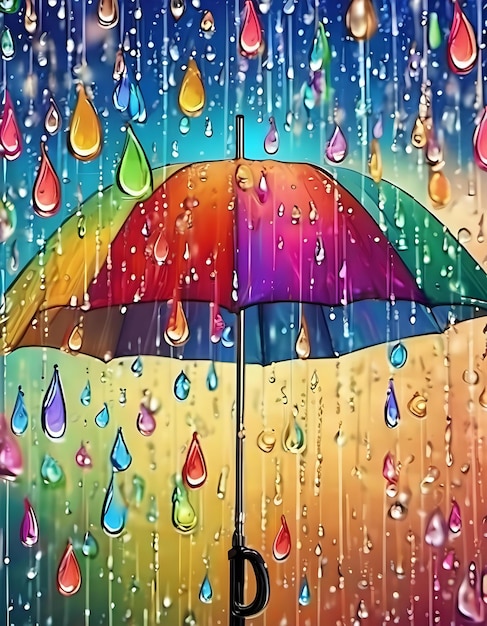Un primo piano delle gocce di pioggia che cadono su un ombrello colorato durante una doccia dolce