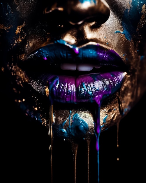 Un primo piano delle labbra di una donna con rossetti viola e blu