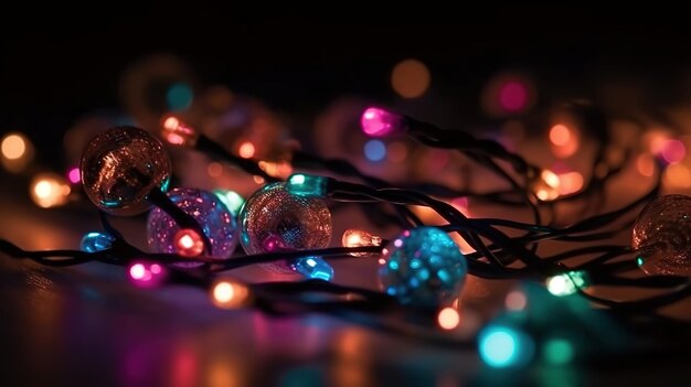 Un primo piano delle luci del Bokeh della ghirlanda che creano uno sfondo astratto lucido IA generativa