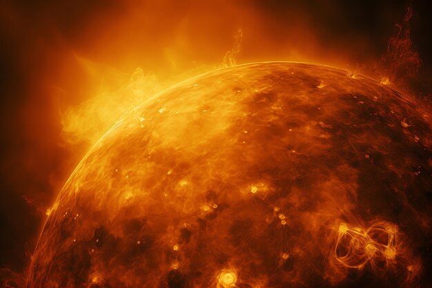 Un primo piano delle macchie solari sulla superficie del sole creato con l'intelligenza artificiale