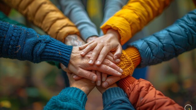 Un primo piano delle mani che collaborano sullo sfondo