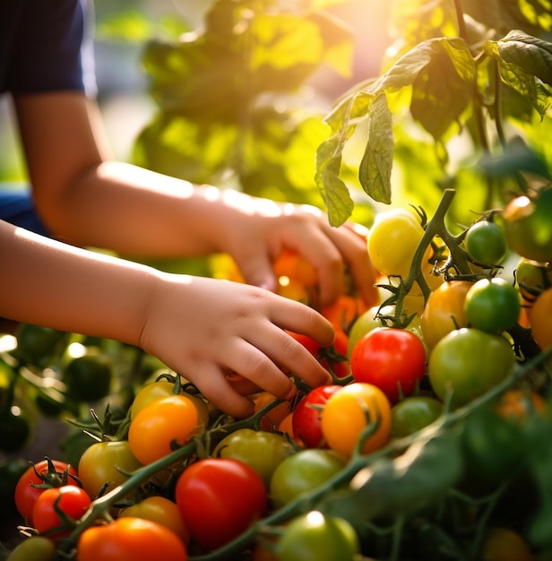 Un primo piano delle mani di un bambino che raccoglie frutta e verdura fresca da una giornata mondiale dell'alimentazione agricola