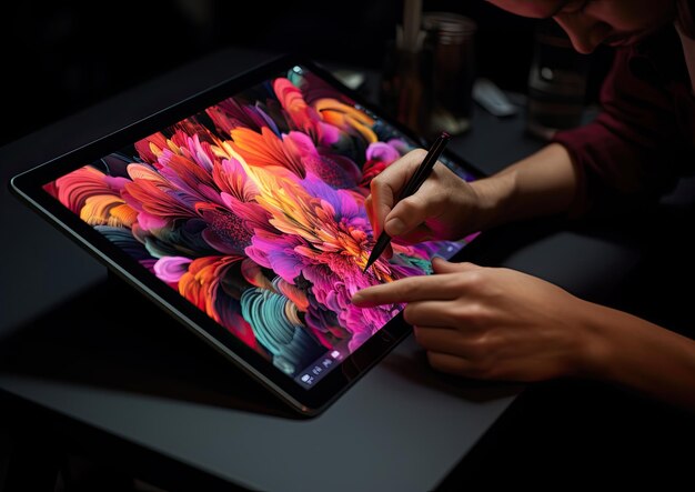 Un primo piano delle mani di un designer che usa un tablet e uno stilo con pennellate digitali vibranti