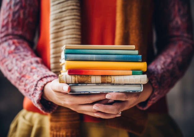 Un primo piano delle mani di un educatore che regge una pila colorata di libri con morbidezza naturale