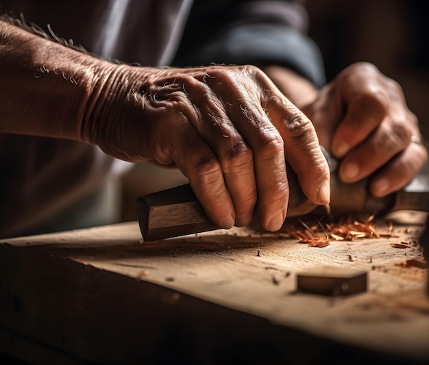 Un primo piano delle mani di un falegname che lavora su un progetto di falegnameria IA generativa