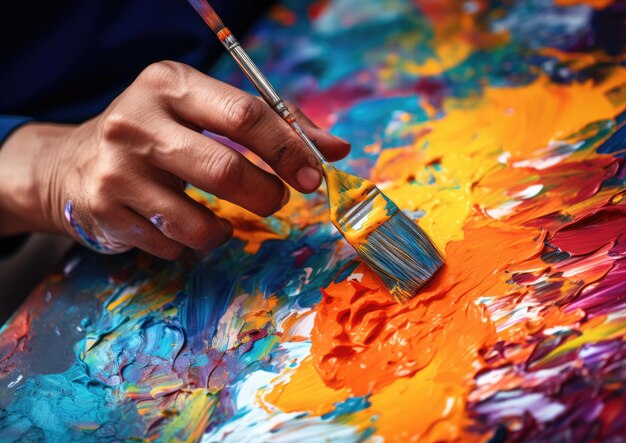 Un primo piano delle mani di un istruttore che tiene un pennello con colori vivaci spruzzati su un