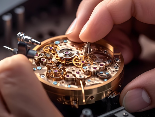 Un primo piano delle mani di un orologiaio mentre assemblano un orologio IA generativa