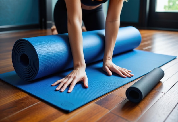 Un primo piano delle mani di una donna che rotola un tappetino da yoga in gomma TPE sul pavimento in uno sport