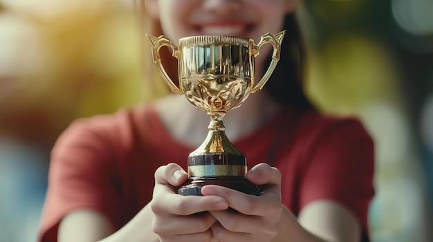 Un primo piano delle mani di una donna che tiene con grazia un prestigioso trofeo AI Generative