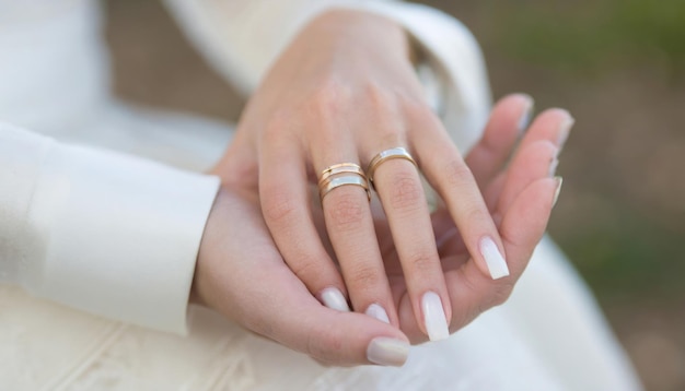 un primo piano delle mani di una donna con gli anelli di nozze su di loro