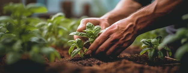 Un primo piano delle mani di una persona che fa giardinaggio e coltiva piante IA generativa