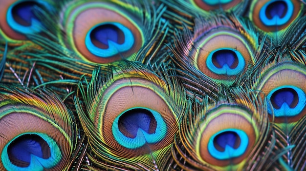 Un primo piano delle piume di pavone che mostrano colori vivaci