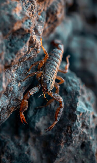 Un primo piano dettagliato di uno scorpione che striscia su una ruvida superficie rocciosa