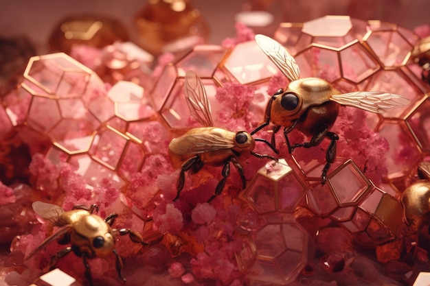 Un primo piano di api su un esagono rosa pieno di esagoni.