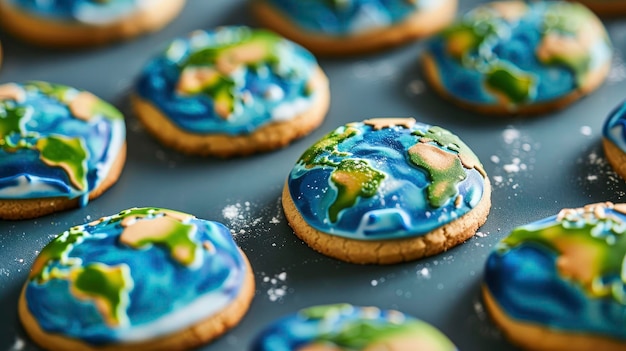 Un primo piano di biscotti decorati con ghiaccio blu e verde la forma della Terra