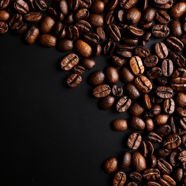 Un primo piano di chicchi di caffè e uno sfondo nero.