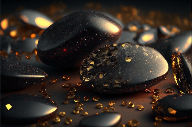 Un primo piano di ciottoli neri pietre con glitter oro su di loro