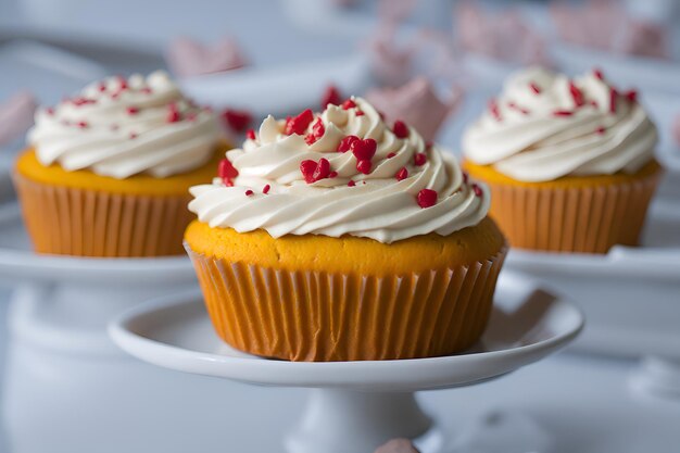 Un primo piano di cupcake deliziosamente decorati perfettamente disposti su un tavolo una delizia irresistibile per gli occhi e il palato generato dall'AI