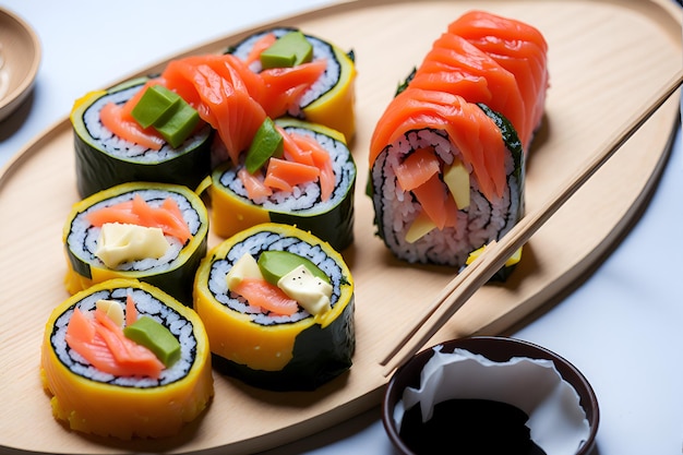 Un primo piano di delizioso sushi con fette perfettamente tagliate e colori vivaci che assicurano un'irresistibile esperienza culinaria orientale Generato dall'intelligenza artificiale