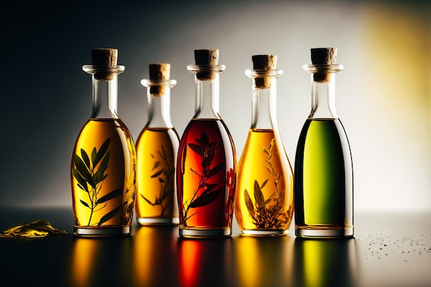 Un primo piano di diverse tonalità di olio d'oliva in bottiglie di vetro trasparente disposte ordinatamente su uno sfondo bianco