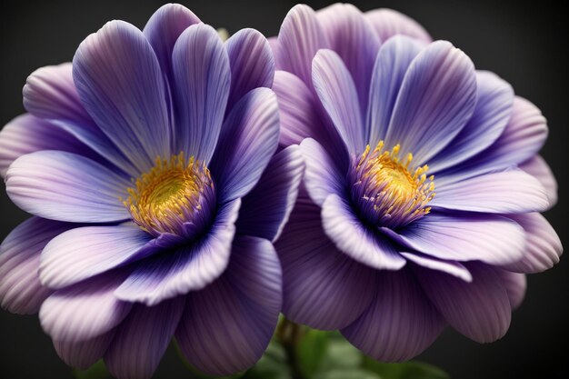 Un primo piano di due fiori viola su uno sfondo nero