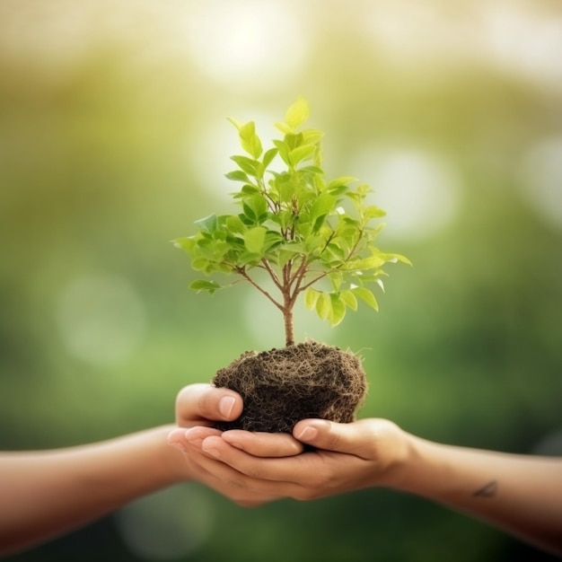 Un primo piano di due mani che tengono un piccolo albero nella sporcizia generativa ai