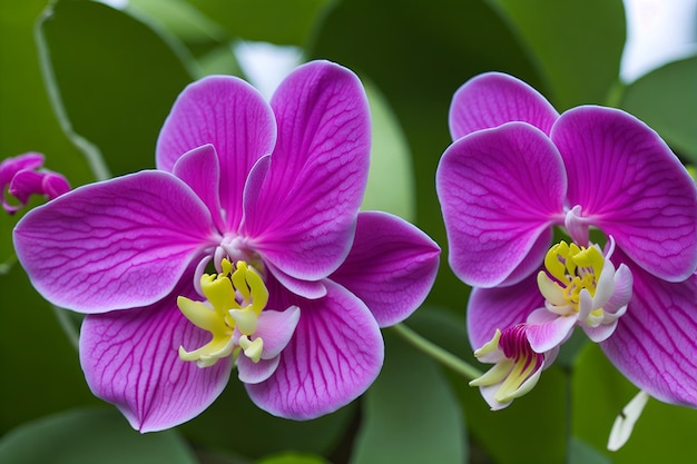 Un primo piano di due orchidee viola con stami gialli