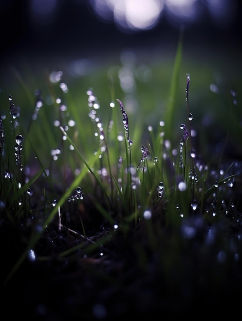 Un primo piano di erba con gocce d'acqua su di esso