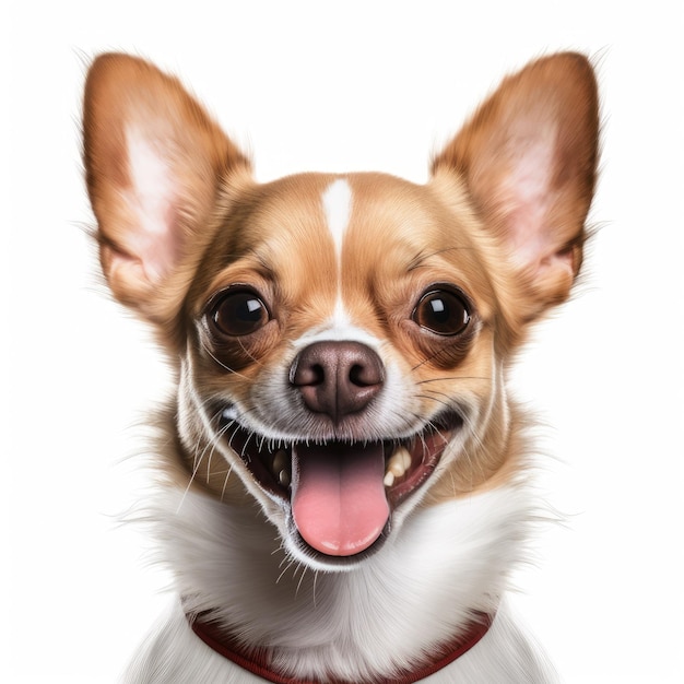 Un primo piano di felice cane sorridente isolato su sfondo bianco