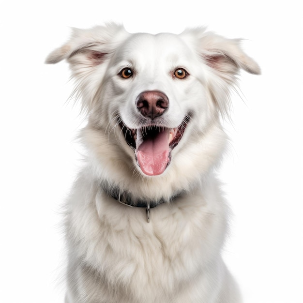 Un primo piano di felice cane sorridente isolato su sfondo bianco