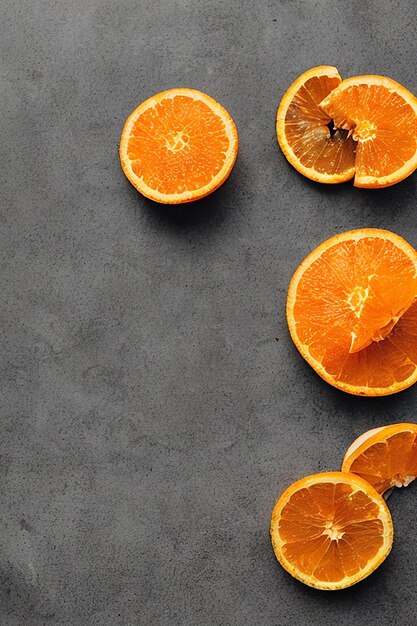 Un primo piano di fette d'arancia su sfondo grigio